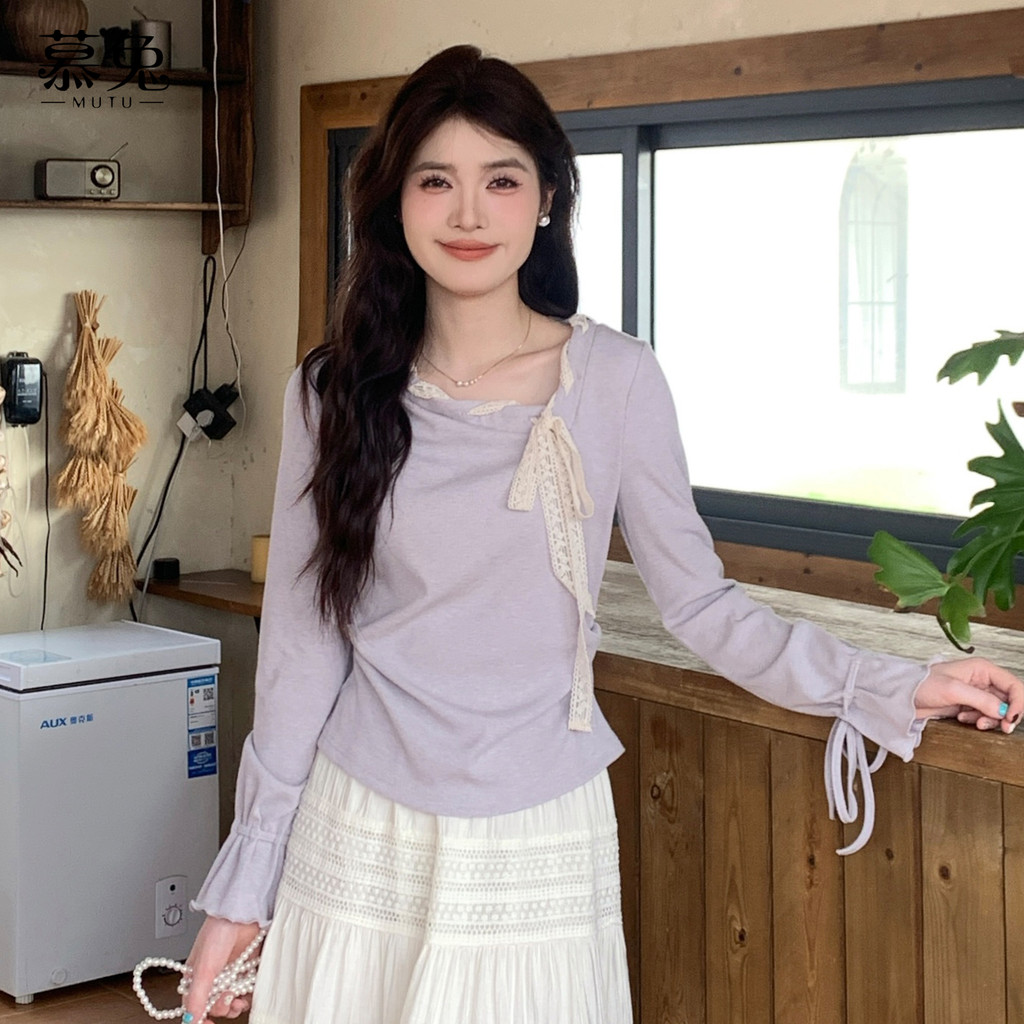 Mutu Pháp Cổ Chữ Thập Nơ Ren-Up Top Nữ Mùa Xuân 2026 Phong Cách Mới Sang Trọng Đẹp Móc Eo Áo Thun Dài Tay