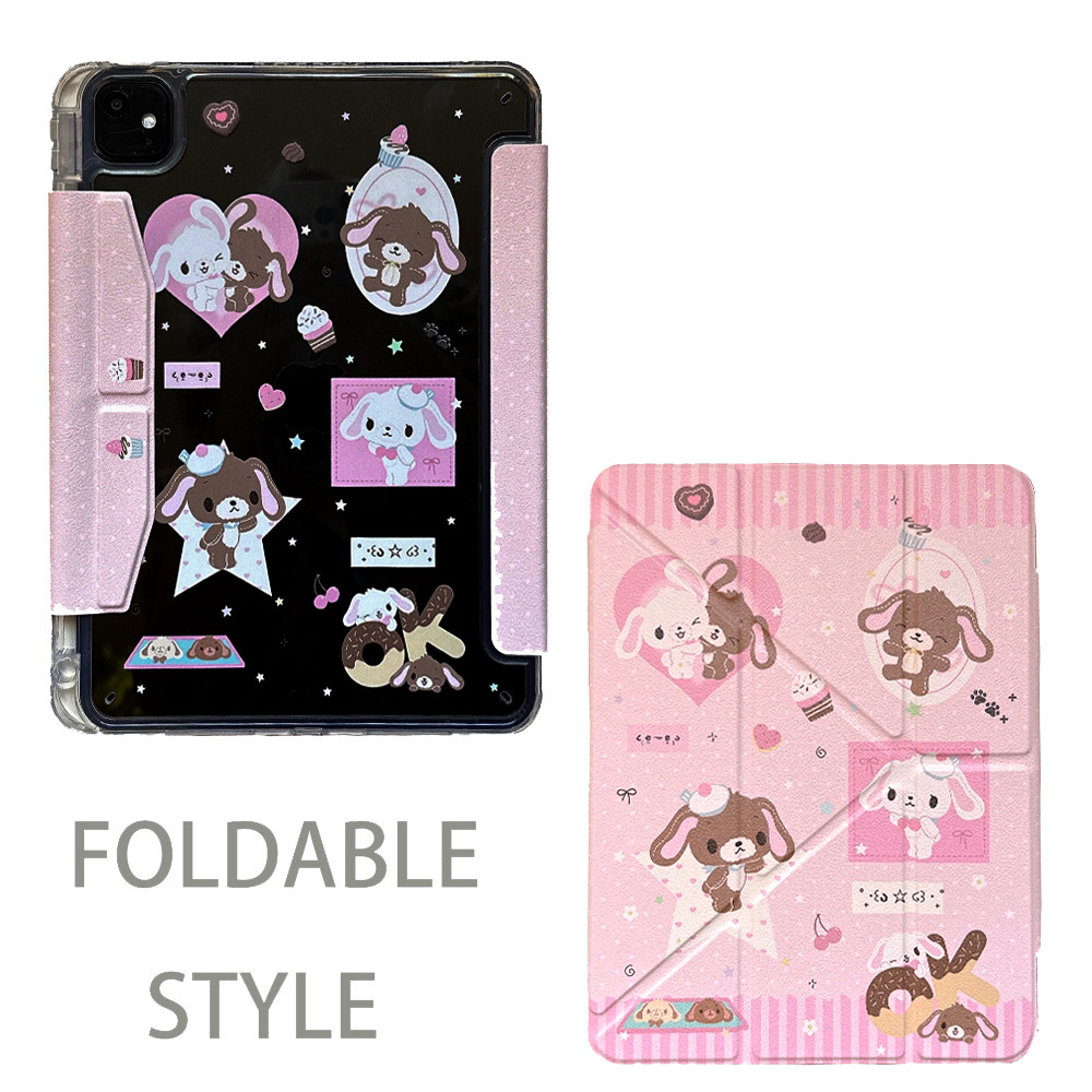 Vỏ Cứng Y Gấp Da Hồng Bunny Cho Mini6 Mini7 A17Pro IPad 5 6 7 8 9 10 11 A16 Air 2 3 4 5 6 7 Air 11 M2 M3 Pro10.5 Pro11 2018 2020 2021 2022 M4 Pro13 2024 Khe cắm bút chì
