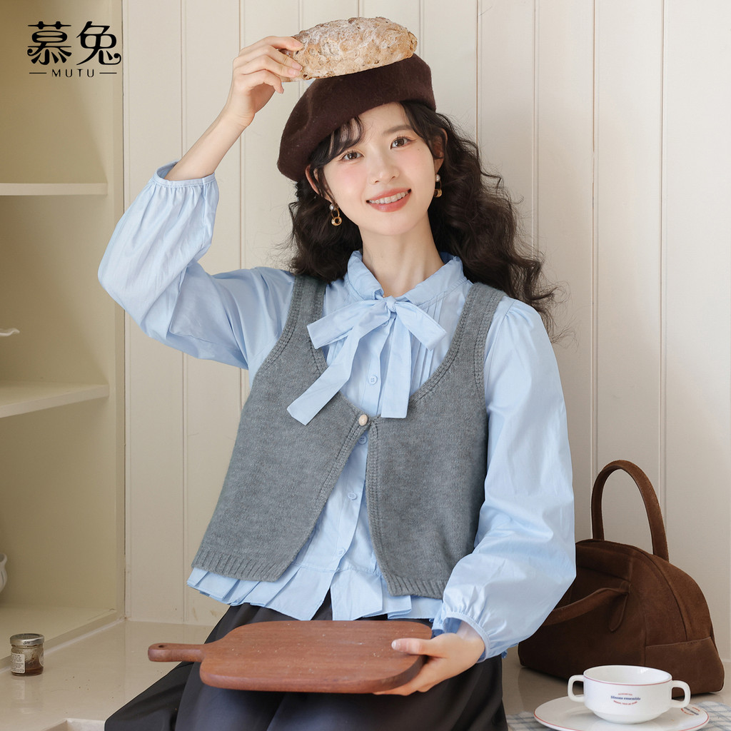 Mutu Preppy Phong Cách Nơ Dài Tay Áo Sơ Mi Nữ Mùa Xuân 2026 Phong Cách Mới Dệt Kim Áo Vest Top Hai Mảnh Bộ