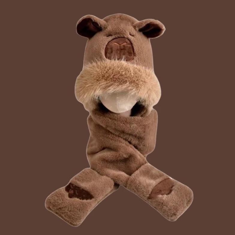 Mũ Capybara 3in1 Kèm Khăn Quàng Cổ Và Găng Tay Giữ Ấm Dễ Thương