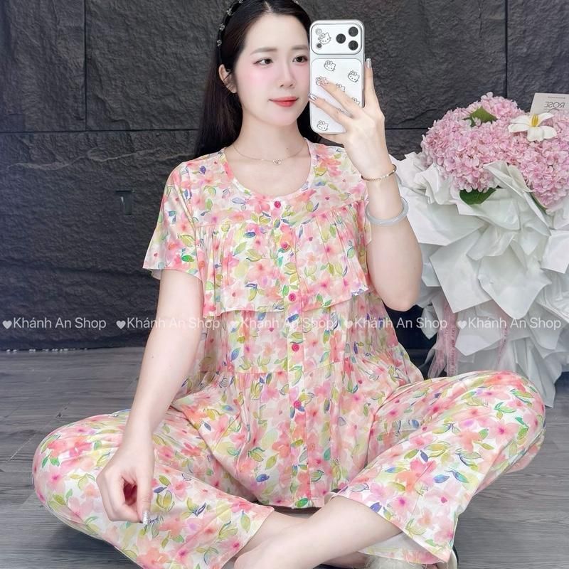 Tole I1 KA191-Fom Gọn Mặc Rộng Lên 1 size - Đồ Bộ Tole Lanh Nữ Áo Tay Ngắn Cổ Tròn Phối Viền Quần 8 Tấc Size 40-75kg E1