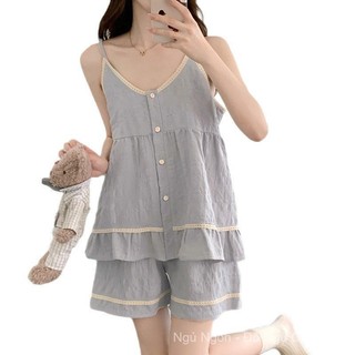[Pre-Order]-Bộ Đồ Ngủ Cotton Mây Nữ Mùa Hè mát, Phong Cách Hàn Quốc, Có Miếng Lót Ngực và Quần Short Suspender hàng qc