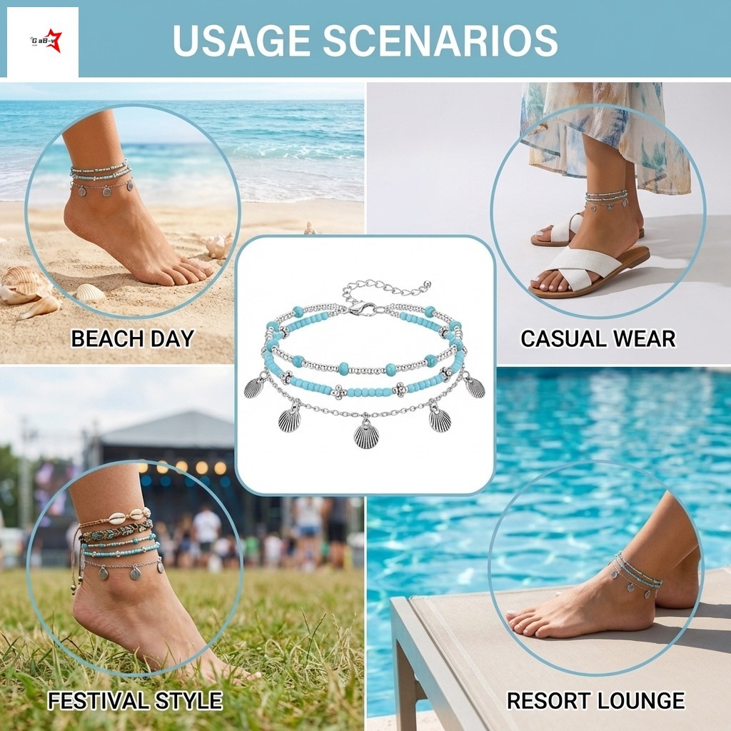Vòng chân mặt dây chuyền hợp kim cổ điển có hạt Thiết kế nhiều lớp cho kỳ nghỉ và thường ngày