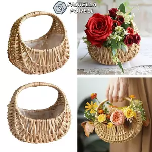 FANIELLAPOWELL Giỏ hoa bé gái, Giỏ cắm hoa chắc chắn màu vàng, Hộp đựng thủ công nhỏ có tay cầm Giỏ dệt đan Giỏ nửa mặt trăng Đám cưới