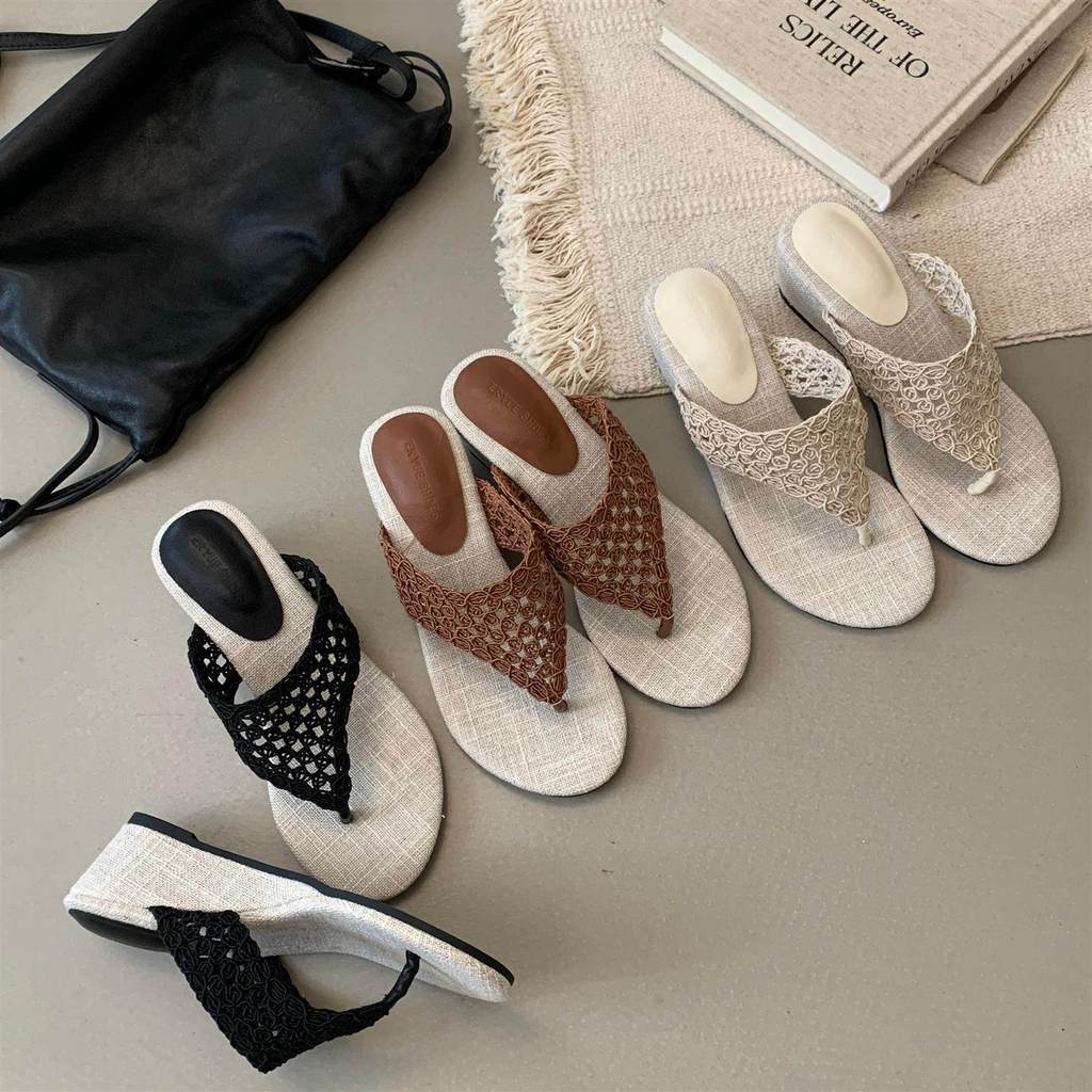 TT Mùa Hè Dệt Rỗng Nêm Gót Lật-Flops Nữ Cao Chống Trơn Trượt Đế Mềm Thoải Mái Cát