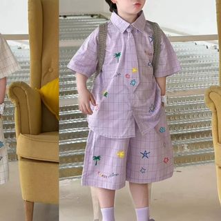 Bộ đồ bé trai caro mùa hè - Áo sơ mi tay ngắn phối quần short thêu họa tiết phong cách Hàn