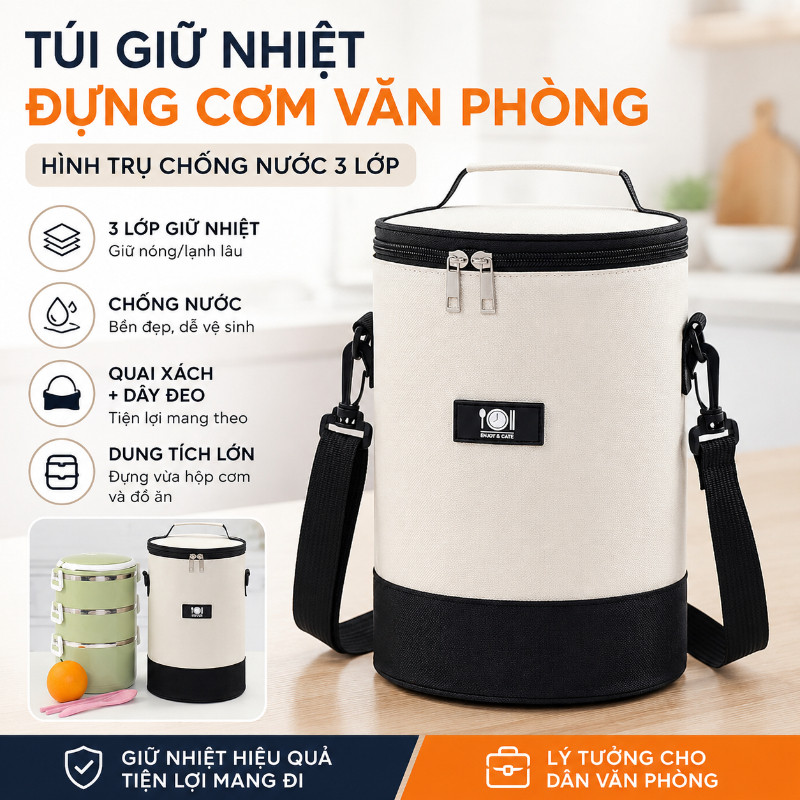 Túi Giữ Nhiệt đựng Cơm Văn Phòng Dạng Trụ 3 Lớp Chống Nước Quai Xách đeo Vai Dung Tích Lớn