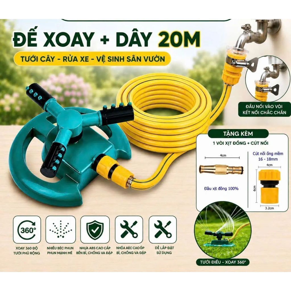 Đế phun nước tặng kèm Đầ nối tưới vườn tưới cây tự Động xoay 360 Độ tự Động,chất liệu nhựa ABS tiện ích