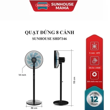 QUẠT ĐỨNG 8 CÁNH SUNHOUSE SHD7346, Công suất60W, Điều khiển cảm ứng, Tích hợp điều khiển từ xa, 3 chế độ gió,