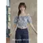Áo thun ngắn tay hoa một vai Slim-Fit Xanh ngắn phong cách cao cấp
