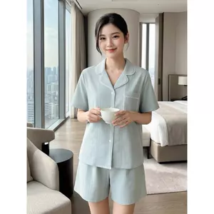 Bộ mặc nhà nữ CARDINA chất liệu đũi áo cộc quần đùi phối viền 6PCN01