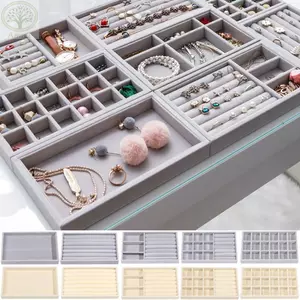 Hộp lưu trữ trang sức nhung AMPU, Khay trưng bày vòng cổ có thể xếp chồng lên nhau bằng nhung, Hộp đựng bông tai Vòng cổ vòng tay