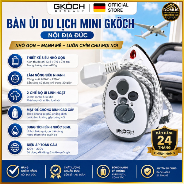Bàn Ủi Du Lịch Mini GKÖCH Nội Địa Đức 420W Ủi Hơi Nước & Ủi Khô Bảo Hành 24 Tháng
