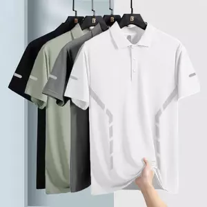 Áo sơ mi polo màu trơn bằng lụa băng mùa hè dành cho nam, tay ngắn, thoáng khí, đa năng, có cổ cong xuống.