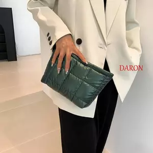 Túi Puffer DARON, Túi trang điểm có đệm bằng da PU đầy bông, Túi sắp xếp dung tích lớn Màu trơn phong cách Hàn Quốc Túi ly hợp kẻ sọc dày hoạt động