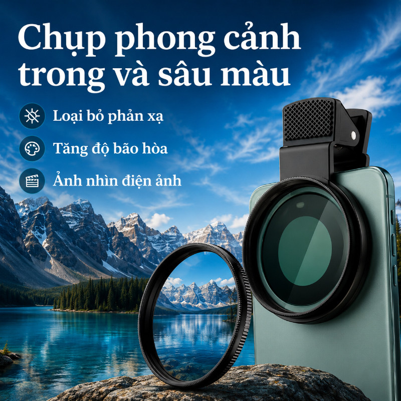 Bộ Lọc CPL 52mm Cho Điện Thoại - Kẹp Thường, Kèm Kính Lọc & Nắp, Loại Bỏ Phản Chiếu, Nâng Cao Chất Lượng Ảnh