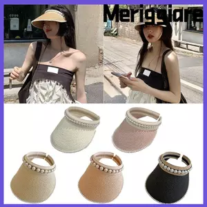 Mũ đi biển MERIGGIARE, Mũ chống nắng rộng vành rỗng, Ngọc trai giả trang trí mái hiên lớn Thiết kế có thể gập lại Mũ rơm mặc thường ngày