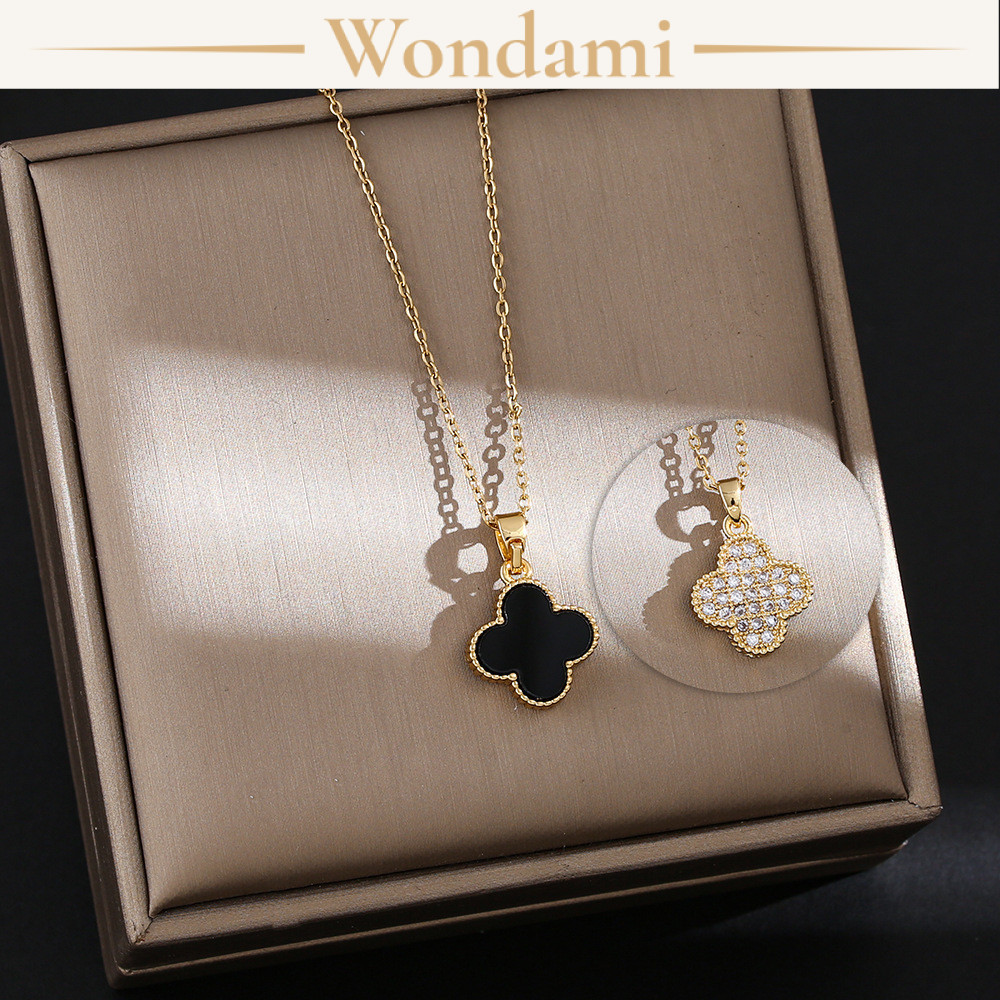 [Không Gỉ] Dây Chuyền Thép Titan Cỏ Bốn Lá Đeo 2 Mặt Khảm Đá Zircon 805