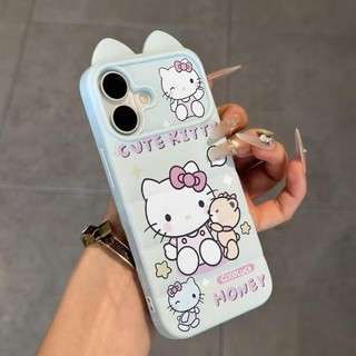 Ốp lưng tai mèo áo lông vũ Hello Kitty ôm gấu dễ thương, phong cách ins nữ tính cặp iPhone 16/17/15/14/13/12/11/X/XS Max