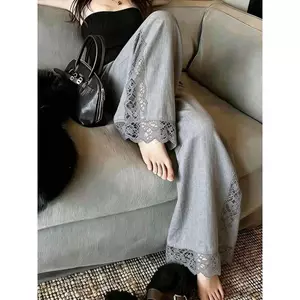 Quần ống rộng khâu ren bên màu xám, phong cách mới mùa hè đẹp mắt Drape dáng rộng thường ngày