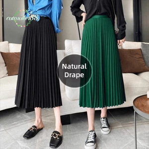 CATMALLER88 Váy chữ A xếp li, Dây thắt lưng thun Váy dài Satin cổ điển, Váy xếp li Satin màu trơn thời trang nữ