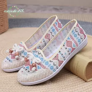 Giày Mẹ CATMALLER88, Giày Vải Nữ Thêu Mùa Hè, Giày Đế Bằng Nữ Thoáng Khí Thoải Mái