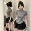 Áo thun ngắn tay dây kéo kim cương công nghiệp nặng dành cho nữ mùa hè Mỹ Hot Girl Sports Niche Áo cổ đứng cao cấp