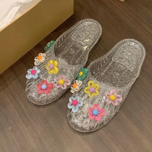 Dép Bán Chạy Pha Lê Giày Sandal Flat Trong Suốt Nửa Trượt Giày Ngoài Jelly 2025 Dép Đế Mềm Baotou