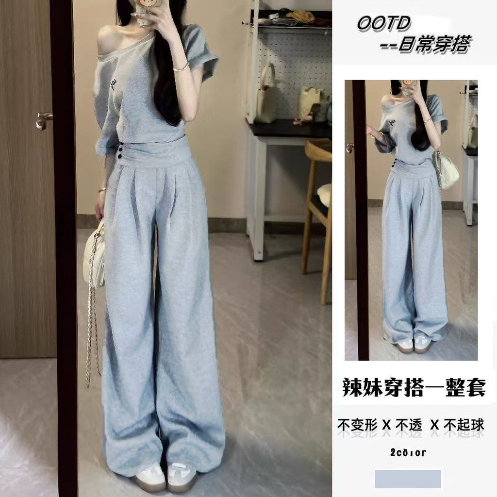 2025 Mới Phong Cách Hàn Quốc Màu Xám Thường Ngày Bộ Đồ Thể Thao Nữ Mùa Hè Ngắn Phong Cách Nẹp Slanted Vai Top Quần Ống Rộng Bộ Đồ Hai Mảnh