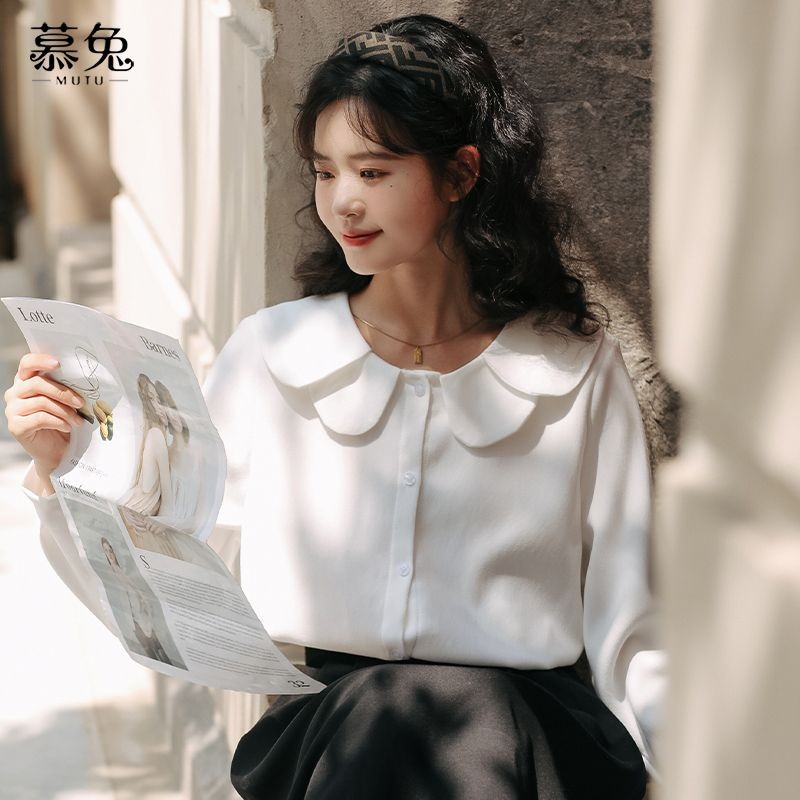 Mutu Gentle Series Búp Bê Cổ Áo Sơ Mi Trắng Dài Tay Cho Nữ