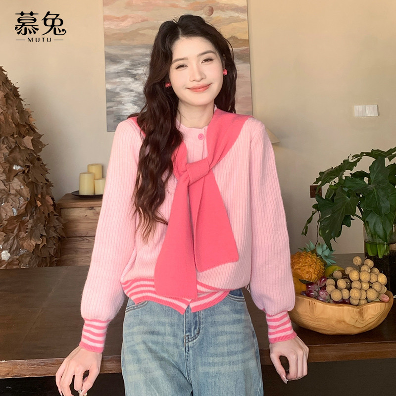 Mutu Preppy Phong Cách Dệt Kim Hàng Đầu Nữ 2026 Mùa Xuân Phong Cách Mới Thiết Kế Niche Rời Tương Phản Áo Len Màu
