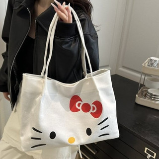 [Đến 3-5 ngày] Túi đeo vai bằng vải Canvas nữ in hình Hello Kitty, Túi Tote nhẹ dung tích lớn để đi học, Chất liệu bền bỉ Thời trang dễ thương