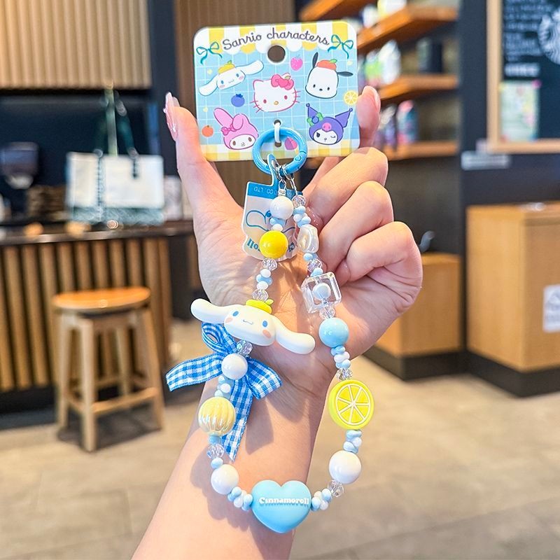 Phụ Kiện Điện Thoại Di Động Chính Hãng Sanrio Hoạt Hình Kuromi KT Mèo Nơ Hạt Ngắn Dây Xích Điện Thoại Di Động Móc Chìa Khóa Đính Hạt Dây Đeo Cổ Tay Điện Thoại Di Động Đa Năng