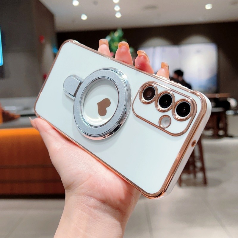 Mạ Bên Trái Tim Tình Yêu Nhẫn Đứng Dành Cho Samsung Galaxy S25 S24 FE S25 S24 S23 UItra Plus Mặt Sau Chống Sốc Vỏ Điện Thoại