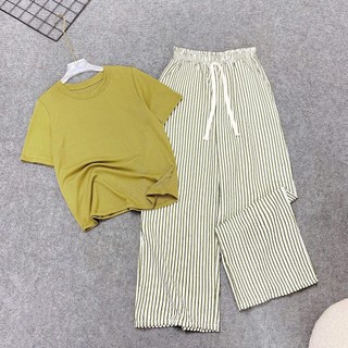 Set Bộ Bigsize Nữ Áo Thun Ôm Body Kèm Quần Kẻ Sọc Ống Suông Mặc Thoải Mái Cho Chubby G244+Q534