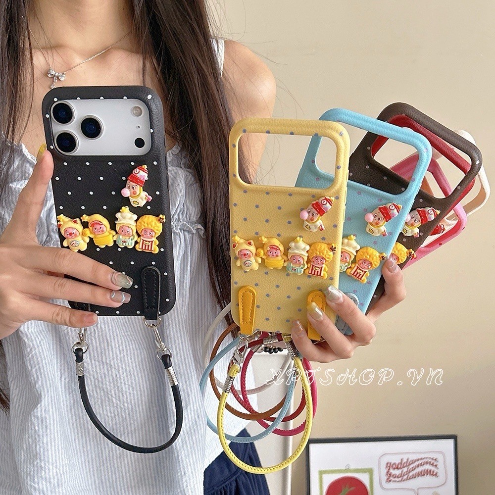 Ốp điện thoại bằng da lấp lánh 3D + dây buộc cho iPhone 17ProMax 17Air 16 15 14 13 12 11 Vỏ bảo vệ chống sốc