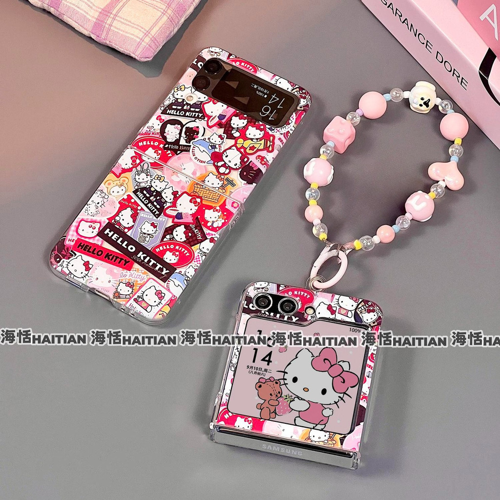 Ốp Điện Thoại Thích Hợp Cho Samsung Galaxy ZFlip7 Hoạt Hình Hoạt Hình Dễ Thương Mèo kitty Vòng Tay Cho ZFlip 7 6 5 4 3 5G N3Flip MixFlip Dây Có Thể Gập Lại Vỏ Bảo Vệ Cứng