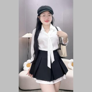 Set Bộ Bigsize Nữ Công Sở Áo Sơ Mi Kèm Cà Vạt Phối Chân Váy A Tennis Lưng Cao Tôn Dáng Có Bảo Hộ - SET( SM168+CV421)