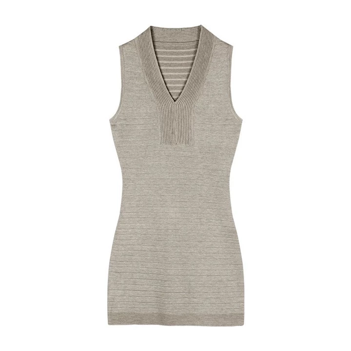 Đầm vest đan cổ V màu yến mạch cho phụ nữ, đầm ngắn ôm sát eo mùa xuân, đầm ôm hông định hình cơ thể