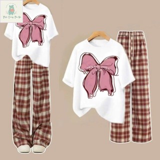 Sét Bộ Quần Ống Suông kẻ caro đỏ + mix áo phông form rộng nơ KOLILA-