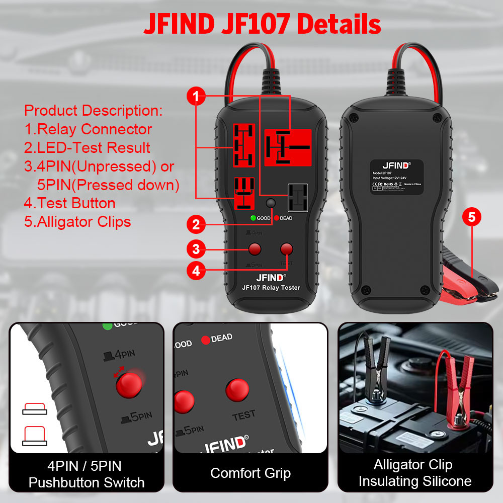 JFind JF107 Máy kiểm tra rơle ô tô 12V/24V, chẩn đoán rơle LED