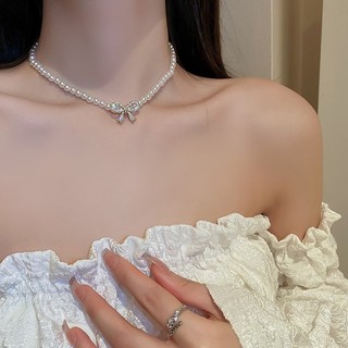 Vòng cổ nơ kim cương và ngọc trai phong cách Hàn Quốc, dây chuyền xương đòn cao cấp nữ