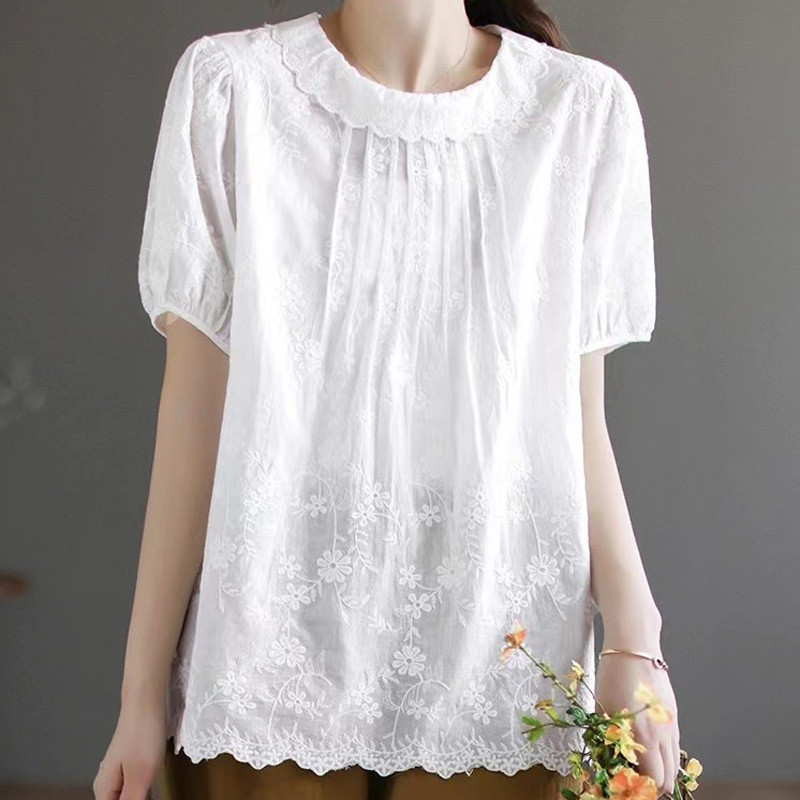 Áo sơ mi nữ chất liệu cotton cao cấp Hàn Quốc Dongdaemun cổ búp bê ren cổ điển lót thêu văn học