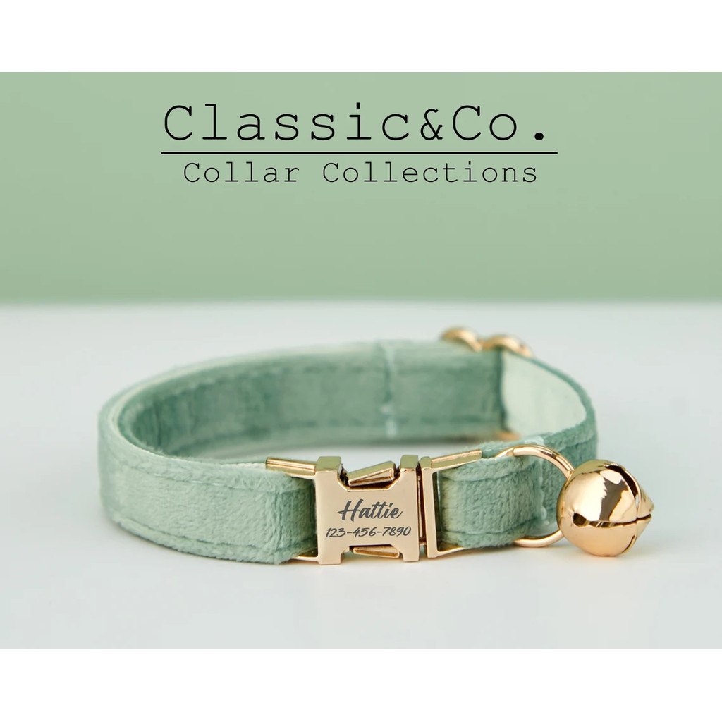 Bộ dây buộc nơ cổ mèo được cá nhân hóa, Vòng cổ mèo nhung Sagegreen, Vòng cổ mèo tùy chỉnh có khắc tên, Thẻ tên thú cưng khắc
