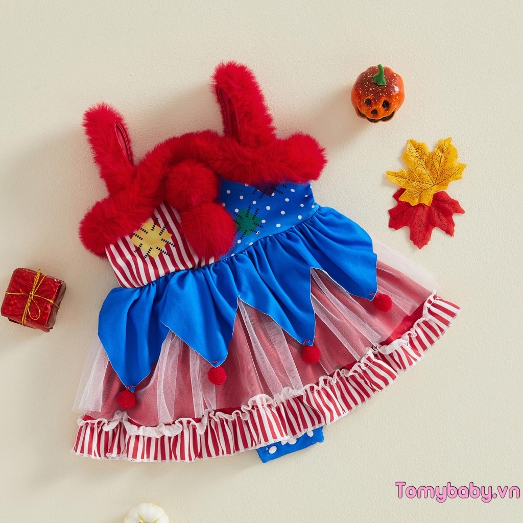 [lpDL] Bộ áo liền quần bé gái Màu sắc tương phản Fuzzy Trim Chú hề Trang phục liền thân ngày lễ dễ thương