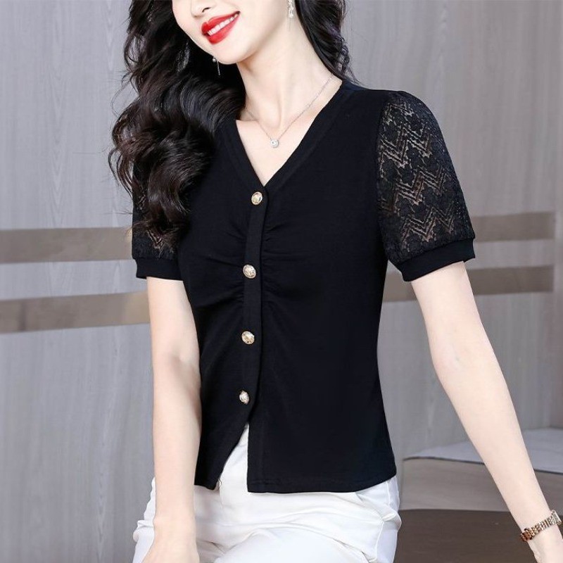 Áo thun ngắn tay màu đen thời trang mùa hè mới cổ chữ V thông thường dành cho nữ