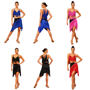 Nyeemya Nữ Khiêu Vũ Latin Trang Phục Cổ Chữ V Không Tay Crisscross Lưng Viền Crop Top Và Viền Không Đều Màu Chặn Váy Cho Cha Cha Tango