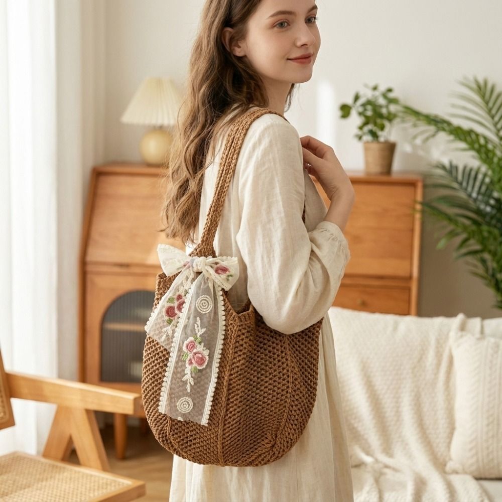 Túi đeo vai dệt kim FEDAOG, Phong cách Bohemian với nơ ren Túi đeo vai dệt, Túi Tote móc nhẹ dung tích lớn thông thường Túi đeo hàng ngày