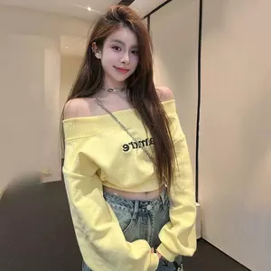 Áo nỉ cổ một chữ thêu chữ thiết kế ngọt ngào dành cho nữ mùa xuân không dây phong cách Hàn Quốc dáng rộng dáng rộng dáng ôm hơn dáng ngắn phong cách dài