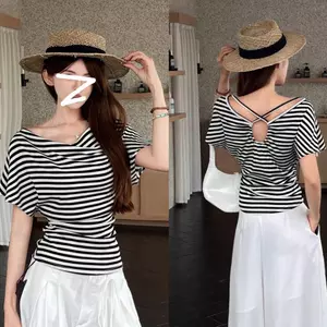 Pure Desire Style Back Rỗng xếp ly Áo thun ngắn tay eo hẹp dành cho nữ mùa hè Slim-Fit Slimmer Look Top